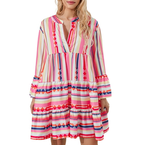 Yunliwuli Women Flowy Dress Casual Contrast Color Loose V Neck Long Sleeve Party Dress for Beach Cocktail Club Streetwear