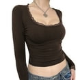 thumbnail image 1 of Yunliwuli Women Lace Trim Short T-Shirts U-Neck Long Sleeve Shirts Spring Fall Slim Fit Tops Streetwear, 1 of 10