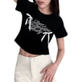 thumbnail image 1 of Yunliwuli Women Letter Print T-Shirts Bowknot Embellished Short Sleeve Round Neck Shirts Summer Casual Slim Fit Tops Streetwear, 1 of 6
