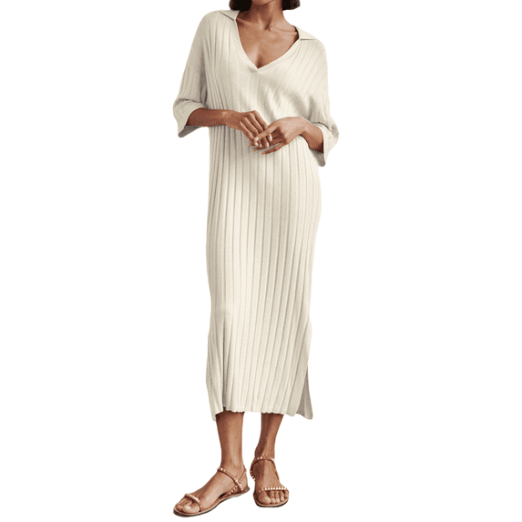Yunliwuli Women Long Dress, Elegant Half Sleeve V Neck Solid Loose Slit Dress Summer Knit Dress