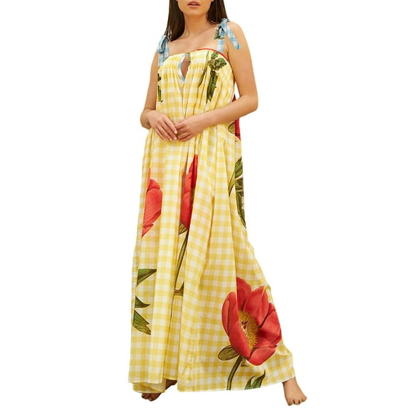 Yunliwuli Women Long Dress Floral Plaid Print Lacing Strap Cut-out Square Neck Sleeveless Flowy Loose Summer Dresses