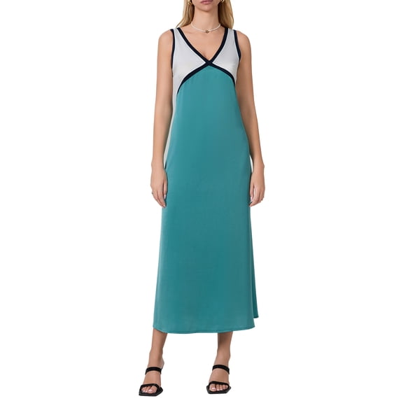 Yunliwuli Women Long Dress, Sleeveless V-neck Contrast Color Swing Dress Summer Cocktail Dress