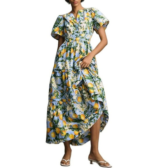 Yunliwuli Women Long Dress Smocked Waist Pintucked Hem Side Slant Pockets V-Neck Short Sleeve Flowy Dresses