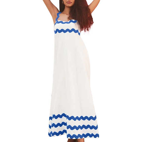 Yunliwuli Women Long Dress Wavy Striped Tighten Waist Square Neck Sleeveless Flowy Summer Cami Dresses