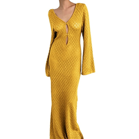 Yunliwuli Women Long Knit Dress Solid Color Hollow-Out Deep V-Neck Long Sleeve Bodycon Dress Fall Backless Holiday Dress