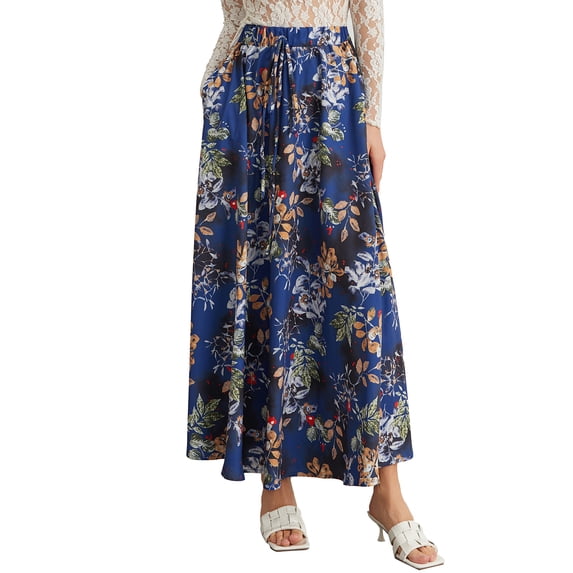 Yunliwuli Women Long Skirt, Elegant High Waisted Skirt Solid/Flower Print Summer Swing Skirt