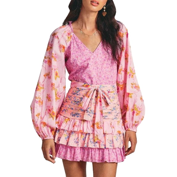 Yunliwuli Women Long Sleeve Floral Dress Layered Ruffle V Neck Party Mini Dress for Beach Cocktail Club Streetwear