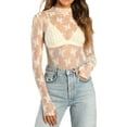 thumbnail image 1 of Yunliwuli Women Long Sleeve T-Shirts Mesh See-Through Mock Neck Lace Shirts Spring Fall Slim Fit Tops Streetwear, 1 of 9