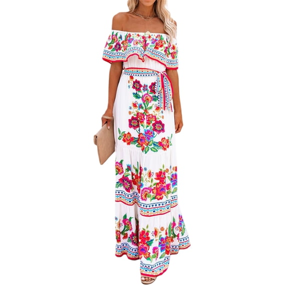 Yunliwuli Women Long Strapless Dress Floral Print Boat Neck Off Shoulder Tighten Tie Waist Flowy Summer Beach Dresses