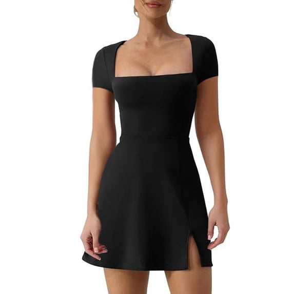 Yunliwuli Women Mini Dress Solid Color Square Neck Short Sleeve A-line Dress Fashion Summer Slit Dress