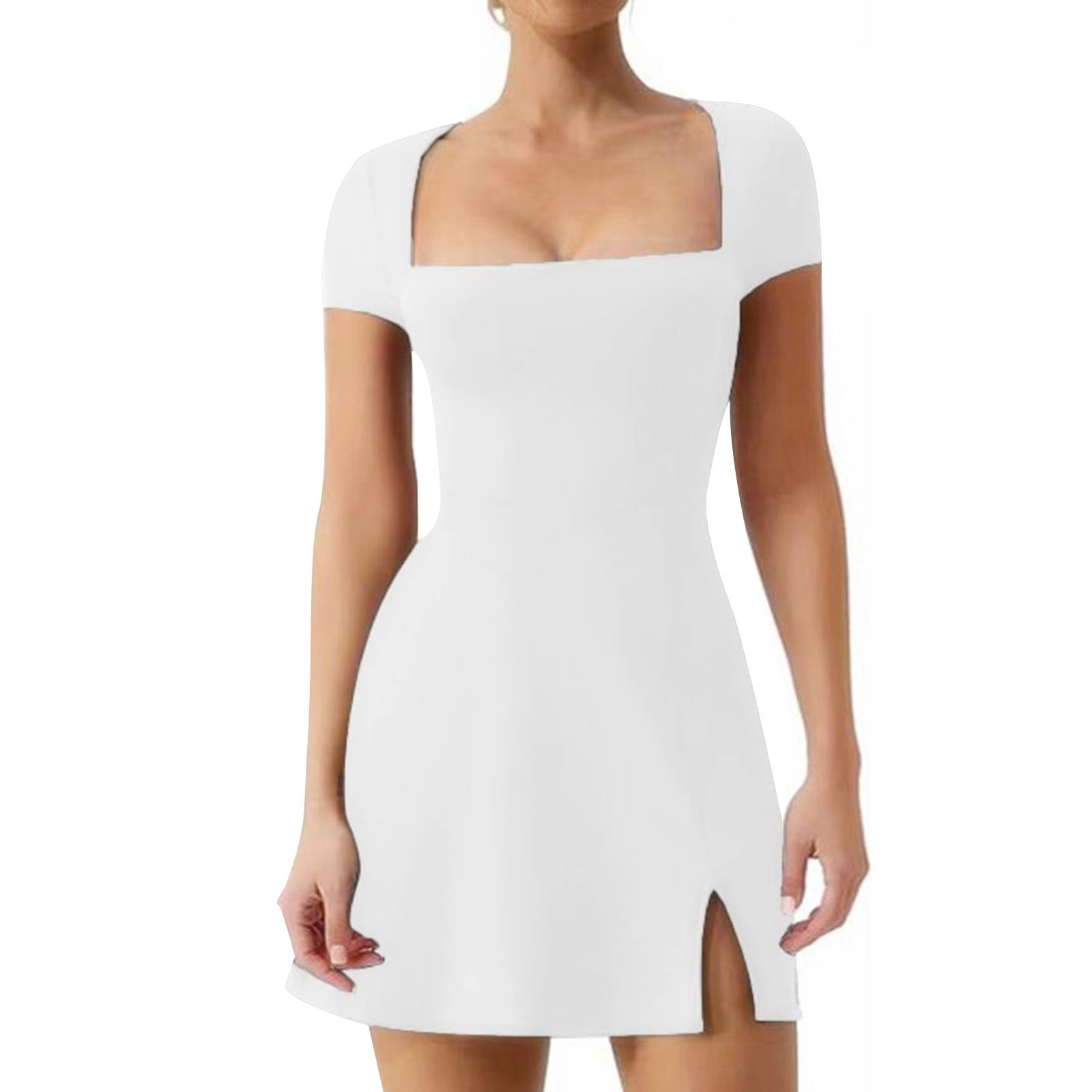 Square Slits Yunliwuli Women Mini Dress Solid Color Square Neck Short Sleeve A-line ...