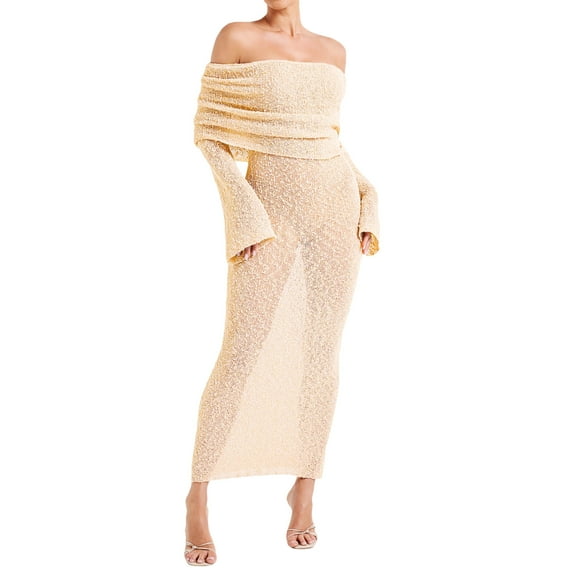 Yunliwuli Women Off-Shoulder Dress Casual Solid Color Long Sleeve Bodycon Party Dress for Beach Cocktail Club Streetwear