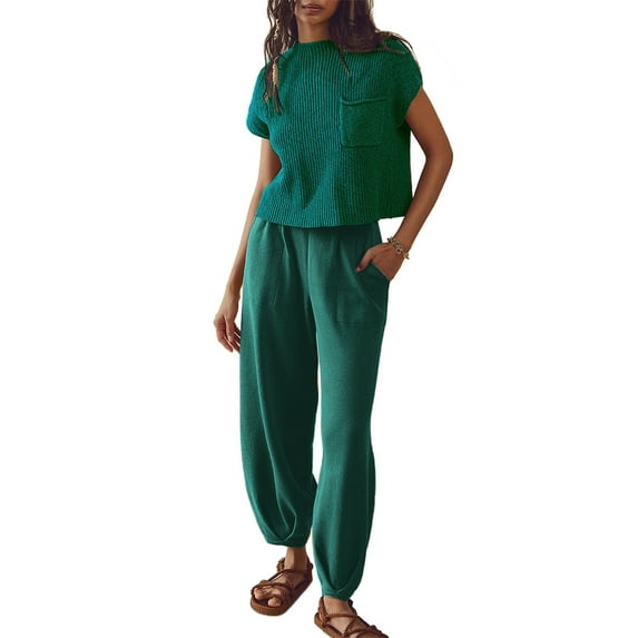 Yunliwuli Women Pants Set, Short Sleeve Crew Neck Knit T-shirt with Long Trousers Summer Outfit