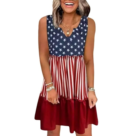 Yunliwuli Women Patriotic Sleeveless Dress Casual Summer Star Stripe Print A-Line Party Dress for Cocktail Beach Club Streetwear