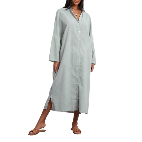 Yunliwuli Women Shirt Dress, Long Sleeve Turn-down Collar Striped Dress Loose Long Dress for Casual Daily