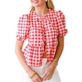 thumbnail image 1 of Yunliwuli Women Short Sleeve Shirts Plaid Front Three Bowknot Tie-Up Fashion Blouses Summer Casual Tops, 1 of 10
