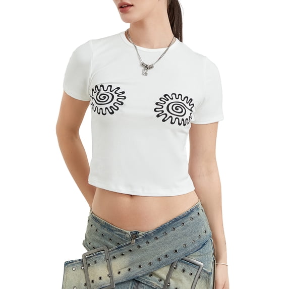Yunliwuli Women Short Sleeve Tops Fashion Print Summer T-Shirt Casual Pullovers for Streetwear Aesthetic Grunge Clothes