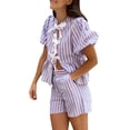 thumbnail image 1 of Yunliwuli Women Shorts Set, Striped Short Sleeve Tie-up Shirt with Elastic Waist Shorts Summer Outfit, 1 of 8