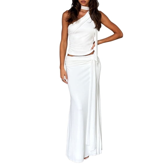 Yunliwuli Women Skirt Set, One-shoulder Tank Top with Tie-up Long Skirt Solid Summer Outfit