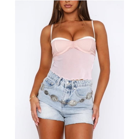 Yunliwuli Women Spaghetti Strap Camisoles Patchwork Mesh Sleeveless Backless Tank Tops Summer Vests Bustier Tops Streetwear