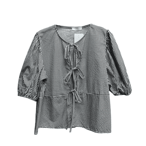 Yunliwuli Women Summer Basic T-Shirt Casual Striped Print Tie Front Short Sleeve Tops for Streetwear Aesthetic Grunge Clothes