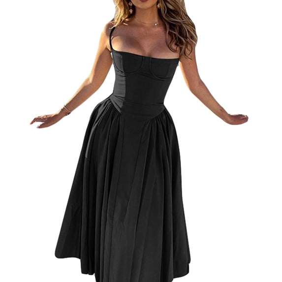 Yunliwuli Women Summer Casual A-line Dress Solid Color Sleeveless Backless Midi Dress Fashion Side Pockets Low-Cut Cami Dress