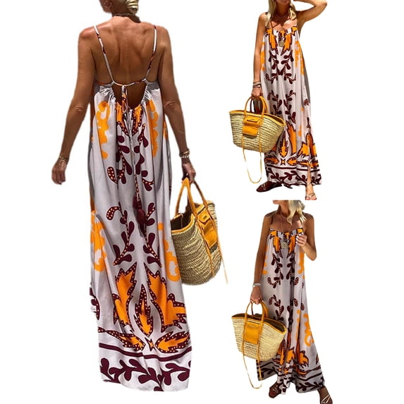 Yunliwuli Women Summer Casual Long Dress Print Spaghetti Strap Sleeveless Cami Dress Loose Tie-Up Backless Holiday Dress