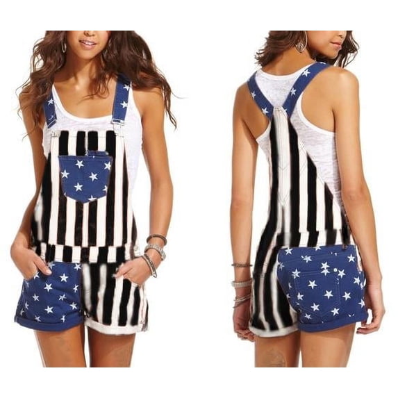 Yunliwuli Women Summer Denim Overalls, Adults Color Block Stripe  Star Print Suspender Shorts with Pockets