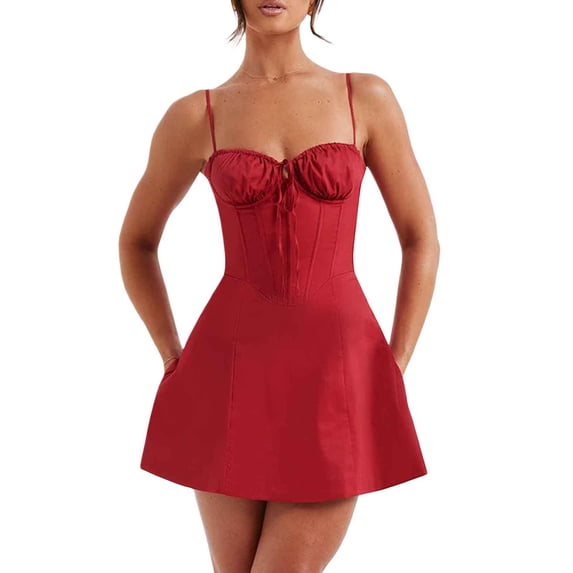 Yunliwuli Women Summer Mini Cami Dress Solid Color Sleeveless Tie Up Above Knee Party Dress