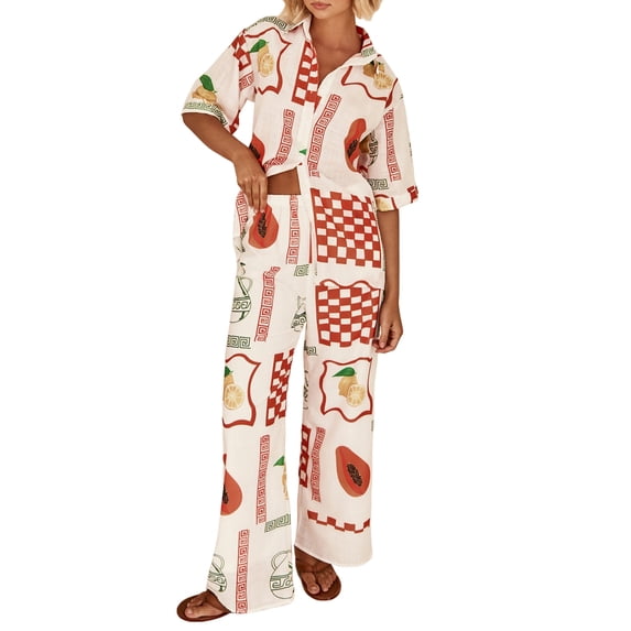 Yunliwuli Women Summer Pants Outfits Fruit Print Short Sleeve Shirts Tops Elastic Waist Long Pants 2 Pieces Clothes Set
