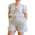 thumbnail image 1 of Yunliwuli Women Summer Shorts Outfits Floral Print/Patchwork/Stripe Tie-Up Short Sleeve Tops Elastic Waist Shorts 2 Pieces Clothes Set, 1 of 5