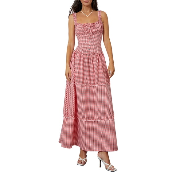 Yunliwuli Women Summer Sleeveless Dress Casual Plaid Print Ruffle Party Dress for Cocktail Beach Club Streetwear