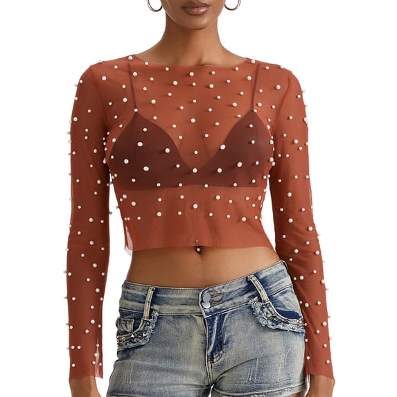 Yunliwuli Women T-shirt, Long Sleeve Crew Neck See-through Pearls Slim Fit Ladies Tops for Club Party