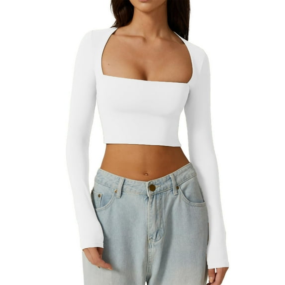 Yunliwuli Women T-shirt, Long Sleeve Square Neck Solid Color Slim Fit Ladies Crop Top Clubwear