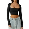thumbnail image 1 of Yunliwuli Women T-shirt, Long Sleeve Square Neck Solid Color Slim Fit Ladies Crop Top Clubwear, 1 of 6