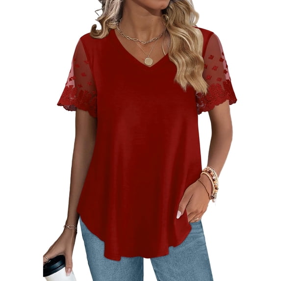 Yunliwuli Women V-Neck T-Shirts Mesh Lace Short Sleeve Shirts Summer Casual Loose Fit Tops Streetwear