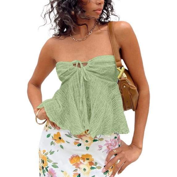 Yunliwuli Women Wrap Chest Tube Tops Solid Color Boat Neck Tie-Up Strapless Tank Tops Summer Backless Bandeau Tops