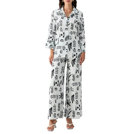 Yunliwuli Women's 2 Piece Casual Set, Loose Graphic Print Long Sleeve Button Down Shirt Straight Leg Pants for Fall