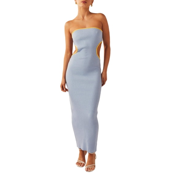 Yunliwuli Women's Bodycon Tube Dress, Strapless Side Cutout Contrast Color Ribbed Long Dress