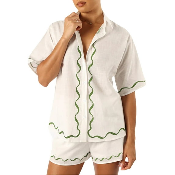 Yunliwuli Women’s Casual 2 Piece Outfits Fashion Printed Short Sleeve Button Up Tops + Shorts Set Beachwear