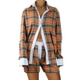 thumbnail image 1 of Yunliwuli Women’s Casual 2 Piece Outfits Long Sleeve Plaid Print Button Up Shirt + Loose Shorts Set Loungewear, 1 of 7