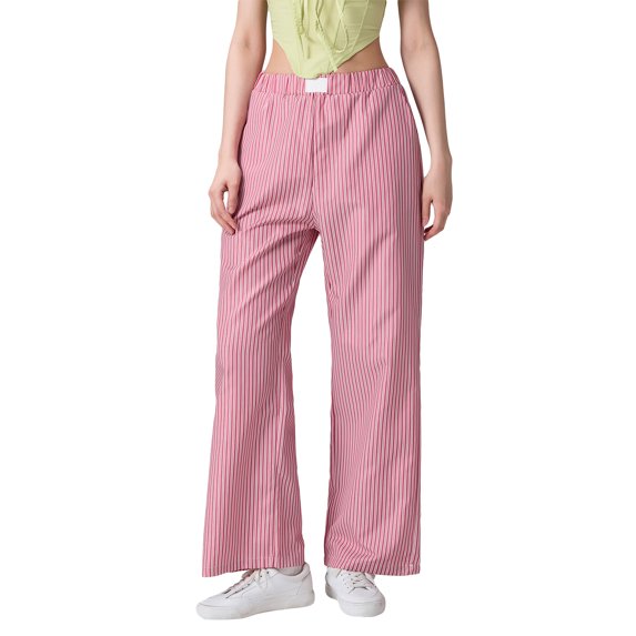 Yunliwuli Women's Casual Wide Leg Pants Elastic Waist Stripes Print Lounge Pants Going Out Trousers