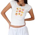 thumbnail image 1 of Yunliwuli Women's Crop T-Shirt Casual Slim Fit Lace Trim Bow Cherry Print Round Neck Cap Sleeve Tops for Summer, 1 of 8
