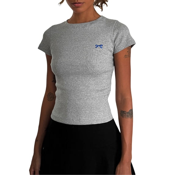 Yunliwuli Women's Crop Tops Tight Fitted Round Neck Short Sleeve Cute Bow Embroidery Ribbed T-Shirts Tops for Summer