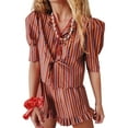 thumbnail image 1 of Yunliwuli Women’s Cute 2 Piece Outfits Puff Sleeve Tie-up Front Tops + Ruffle Shorts Set Streetwear, 1 of 10