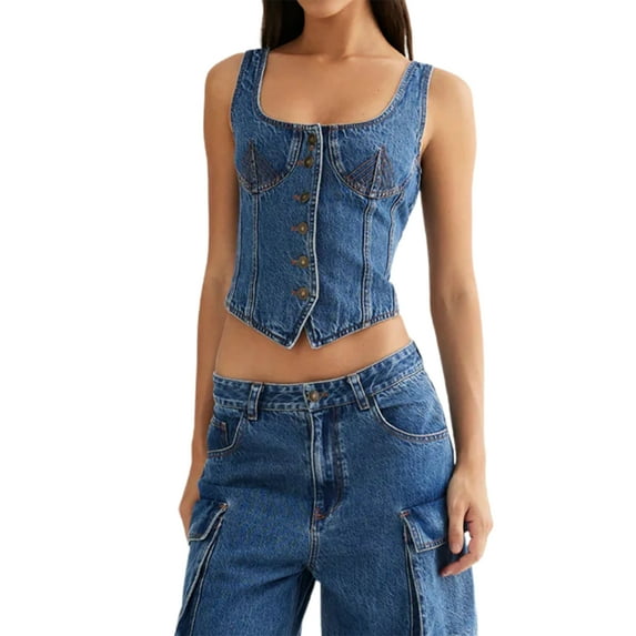 Yunliwuli Women's Denim Tank Tops Slim Square Neck Sleeveless Backless Button Down Vest for Party Club