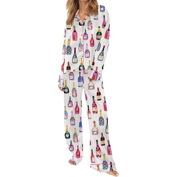 Yunliwuli Women's Fall Loungewear Set Wine Bottle Print Long Sleeve Lapel Button Shirt with Pants Sleepwear