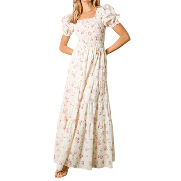 Yunliwuli Women's Flower Print Long Dress Short Puff Sleeves Square Neck Shirred Flowy Dress for Summer