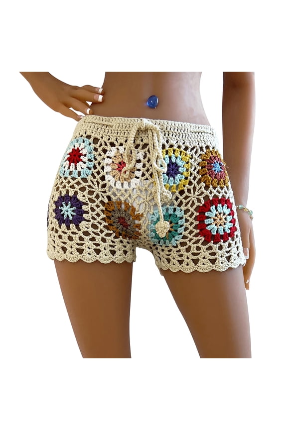 Women's Knit Crochet Shorts Casual Hollow Out Elastic Waist Drawstring Short Pants Lounge Shorts for Summer