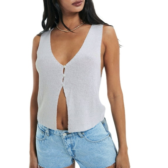 Yunliwuli Women's Knitted Tank Tops Sleeveless Deep V Neck Solid Color Button Down Slim Fit Vest Tops